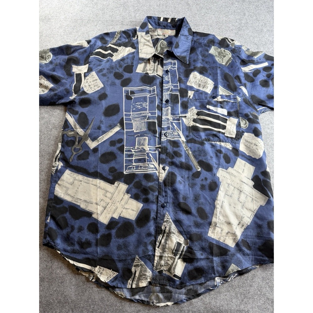 NAF NAF Mens Button Up Shirt Medium Multicolor 100 Silk Roman Architecture